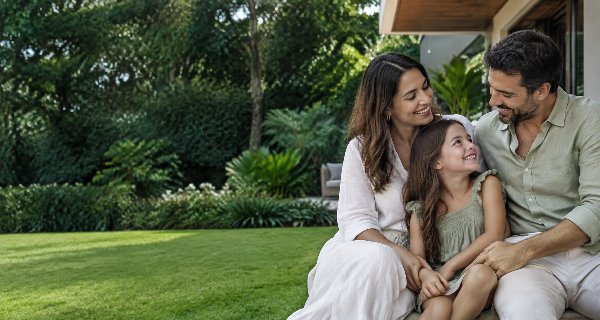 Família compartilhando um momento feliz no jardim de casa